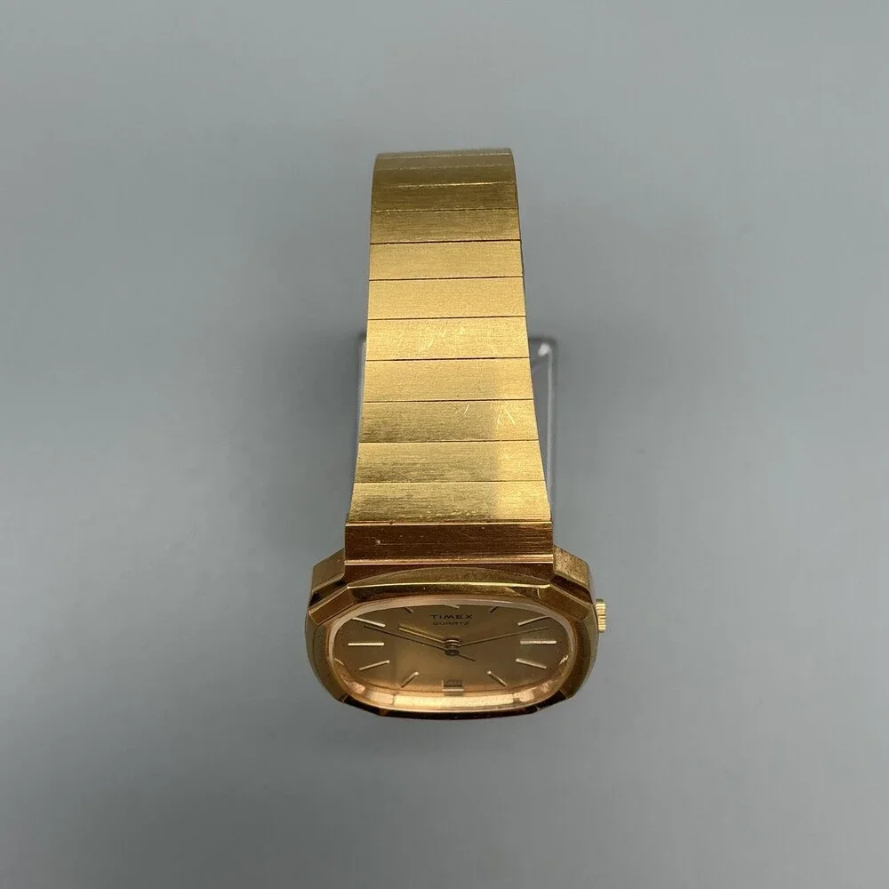 Vintage Timex Q Mens Watch 32mm Gold Dial Gold Tone Date 1980's New Battery
